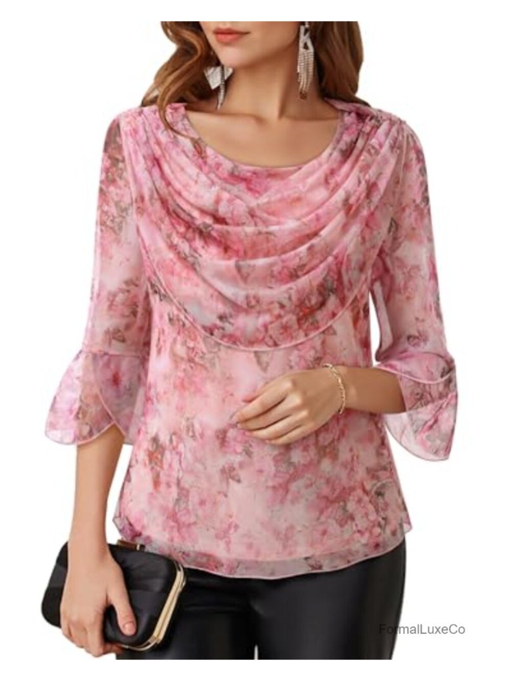 Womens Dressy Cowl Neck 3/4 Sleeve Blouse Nylon Spandex Evening Top